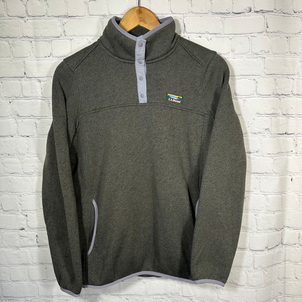 LL Bean Sweater Fleece Pullover Womens Medium Gray Purple Trim Snap Neck 292726